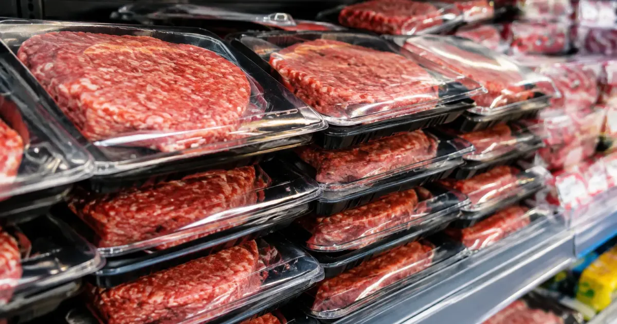 Hamburger confezionati impilati scaffale negozio con avvertimento