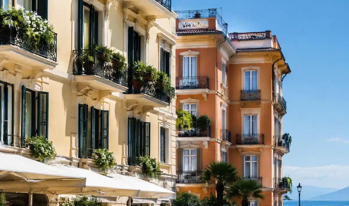 Facciate di lussuosi hotel italiani affiancati in primo piano