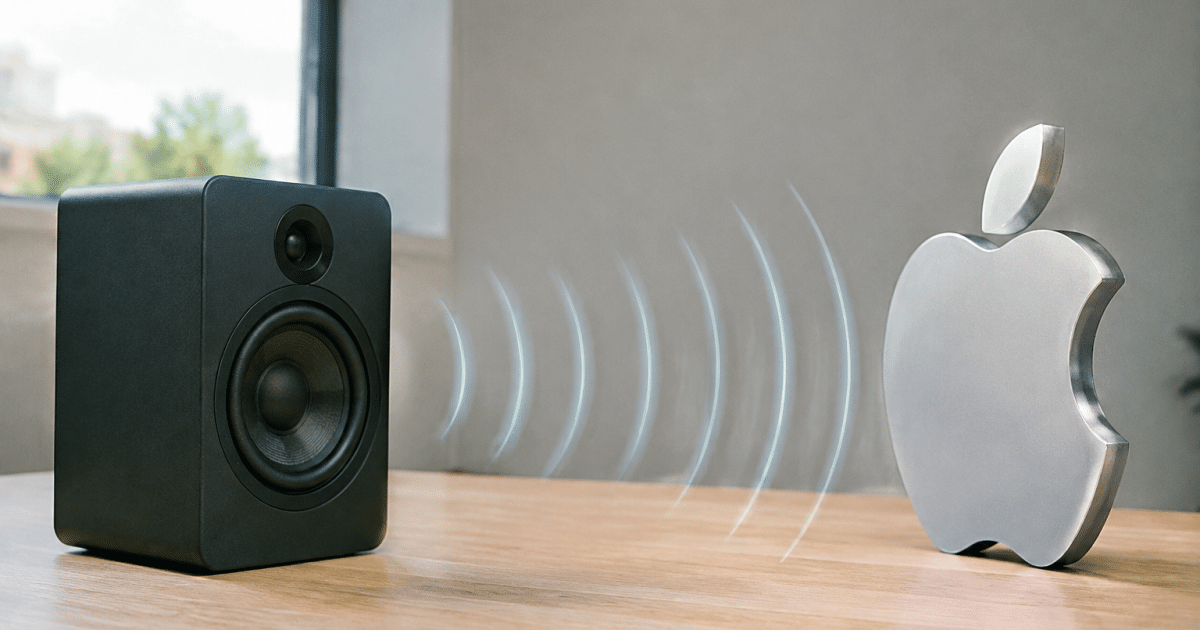 speaker emitting sound waves toward corporate logo positioned upright