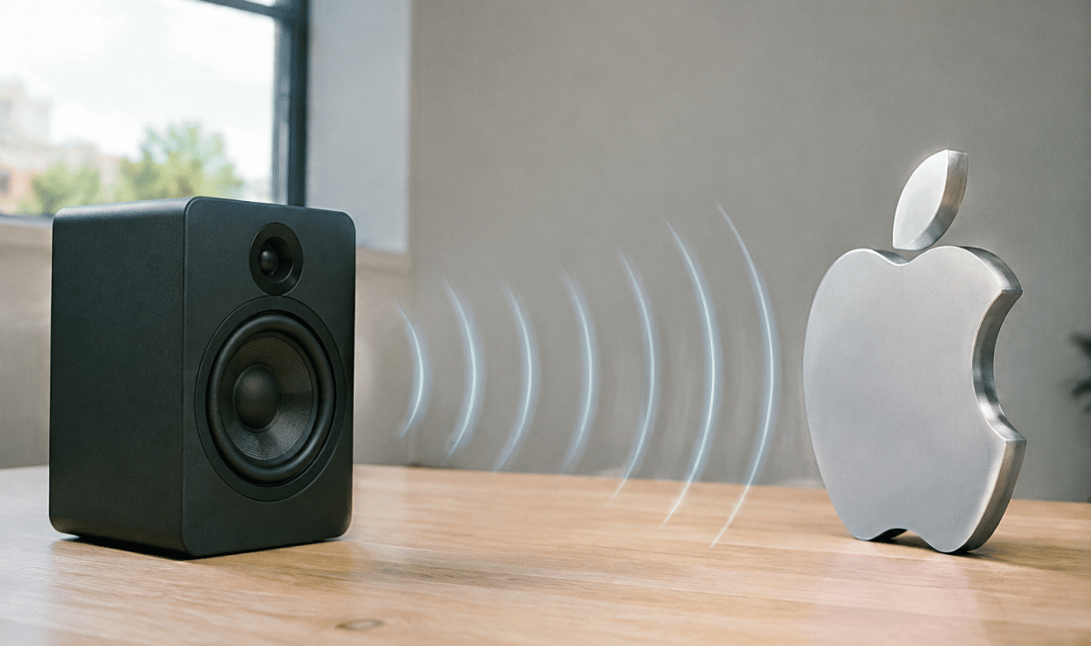 speaker emitting sound waves toward corporate logo positioned upright