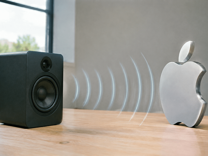 speaker emitting sound waves toward corporate logo positioned upright