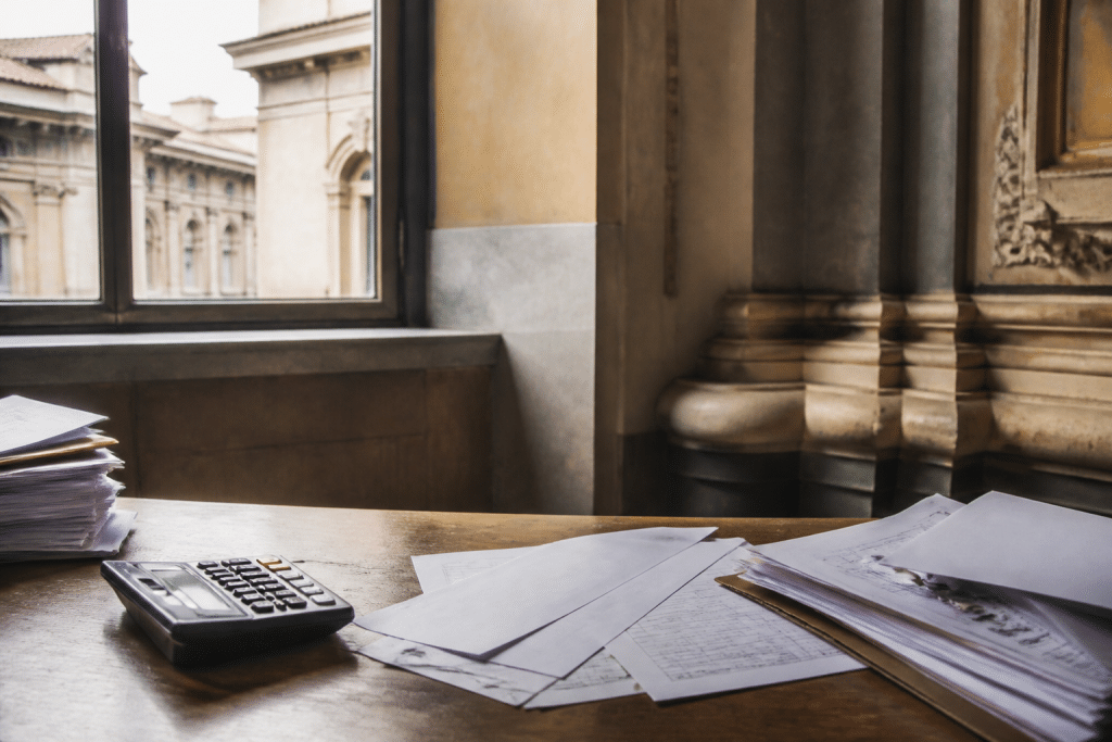 Edificio storico con documenti fiscali e calcolatrice su scrivania