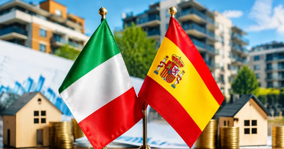 Grafici immobiliari europei con bandiere Italia e Spagna in primo piano