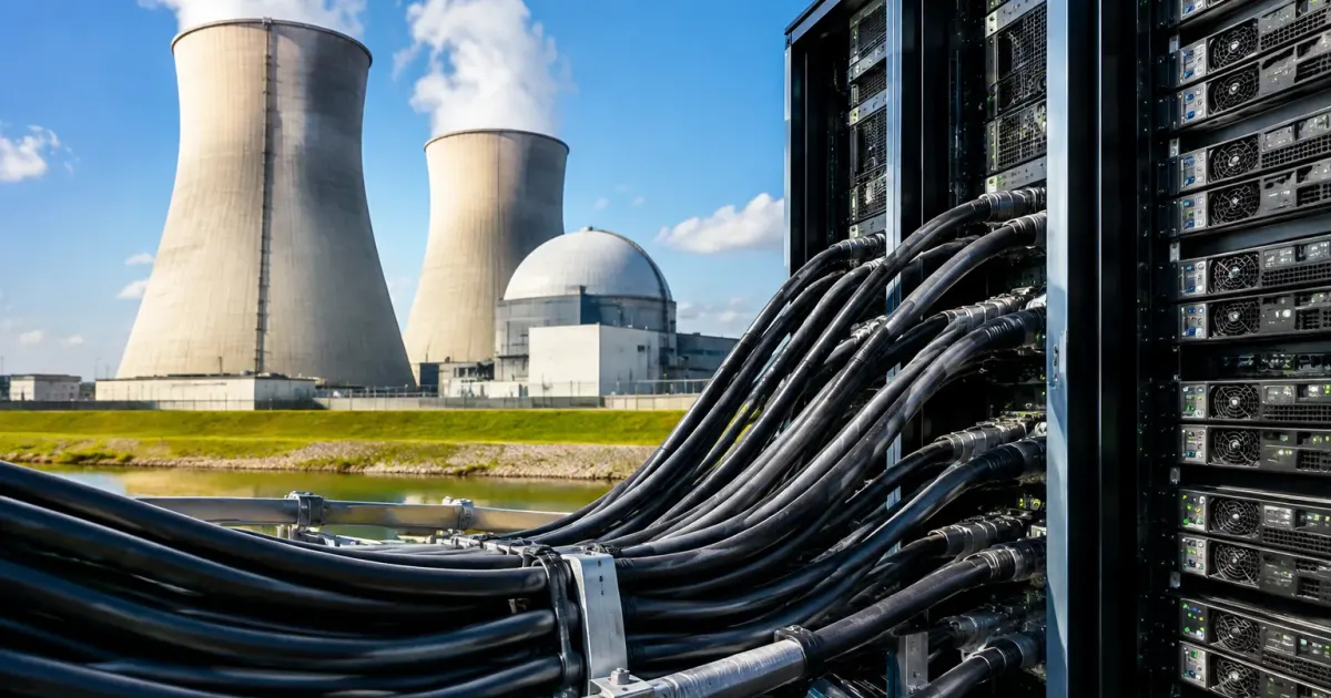 Impianto atomico connesso tramite cavi grandi a server impilati