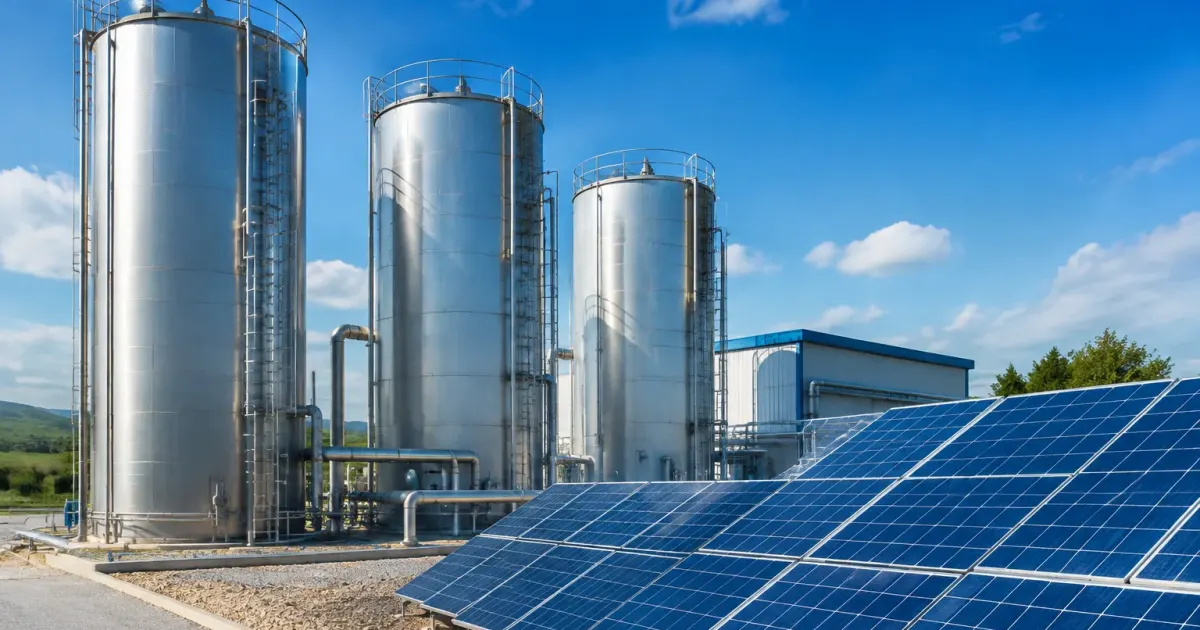 Impianto industriale con serbatoi verticali e pannelli solari
