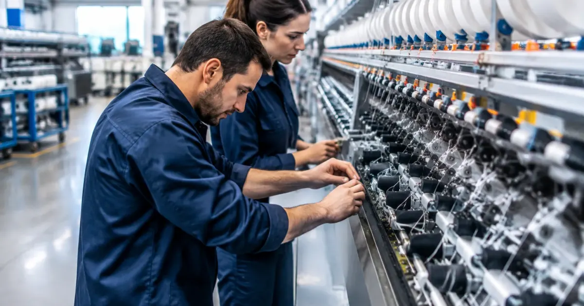 Operai ispezionano macchinari tessili in impianto industriale moderno