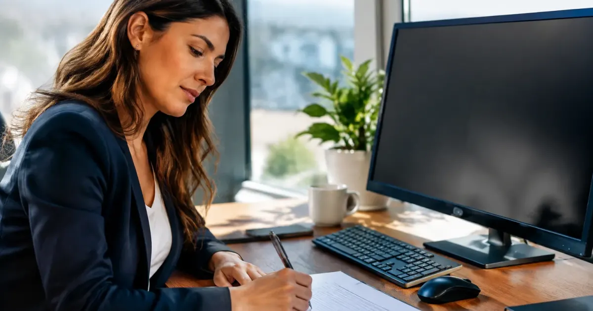 Persona seduta firma documento legale davanti computer schermo