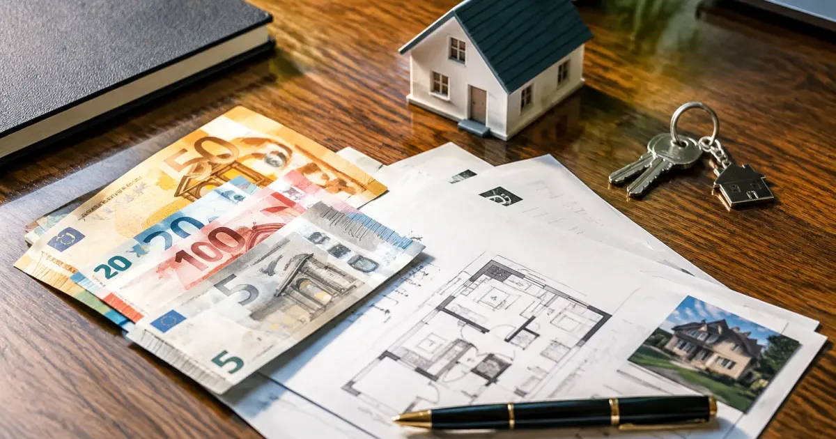 Documenti immobiliari e banconote sparse su scrivania di legno