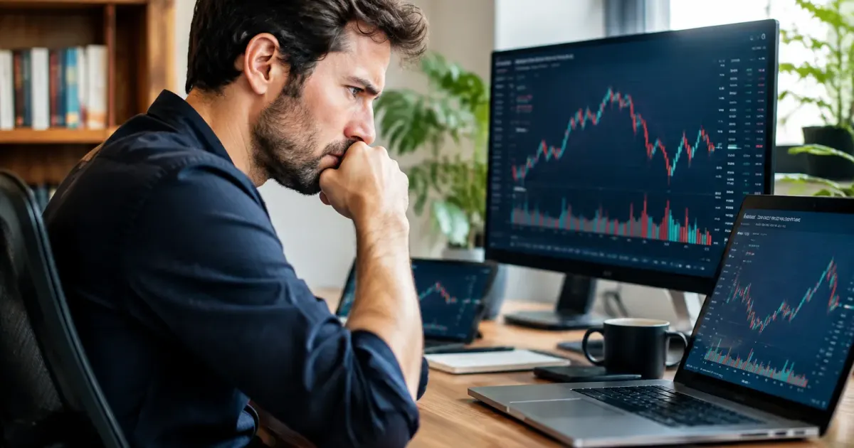 investitore seduto studia schermi finanziari con fronte corrugato