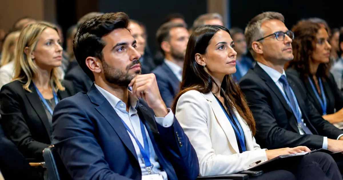 Investitori seduti in sala conferenze durante presentazione