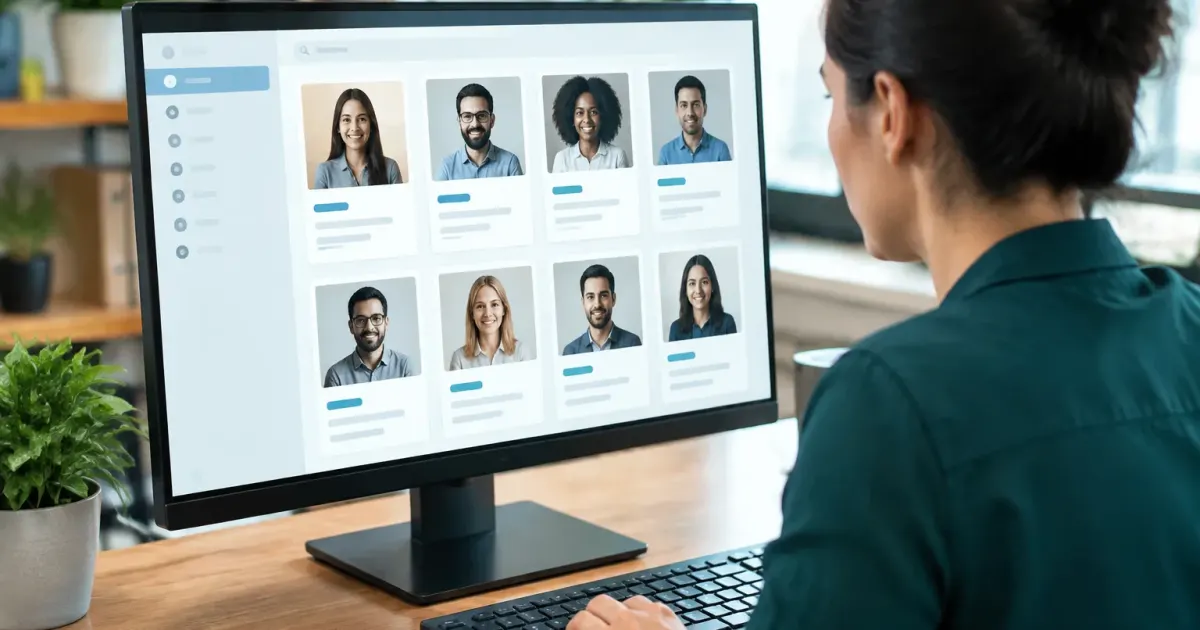 Schermo di computer con interfaccia di selezione candidati e profili professionali visualizzati