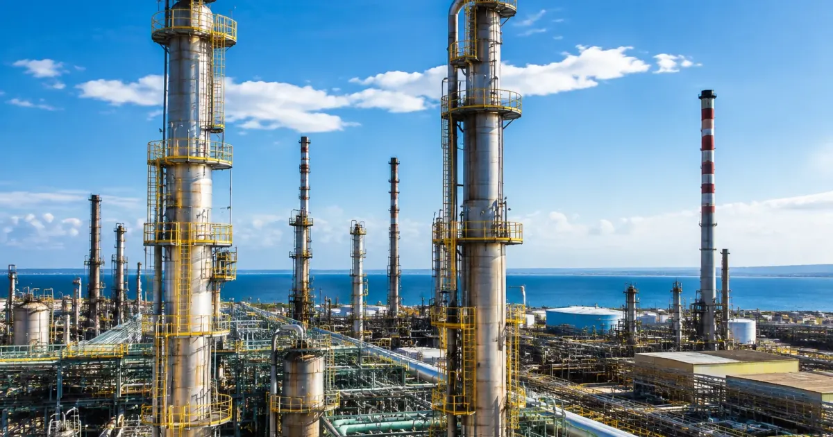 Impianto industriale petrolifero con strutture metalliche verticali a Priolo