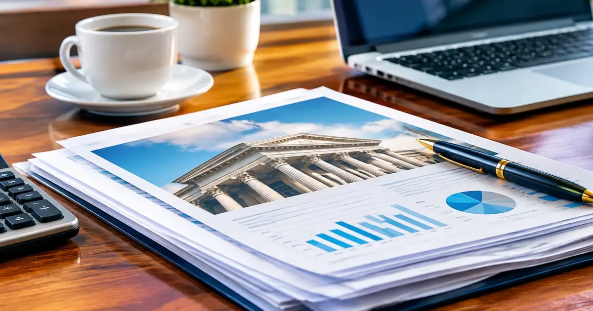 Documenti finanziari impilati su scrivania con logo banca visibile