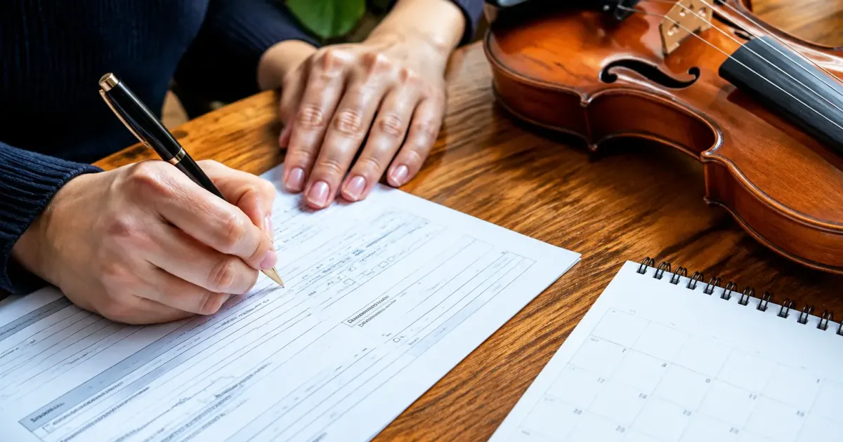 Mani completano formulario penna violino calendario