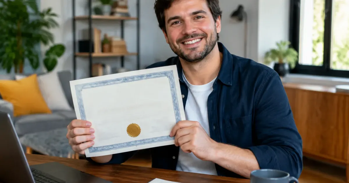 Mano tiene certificato tra scrivania e ambiente domestico