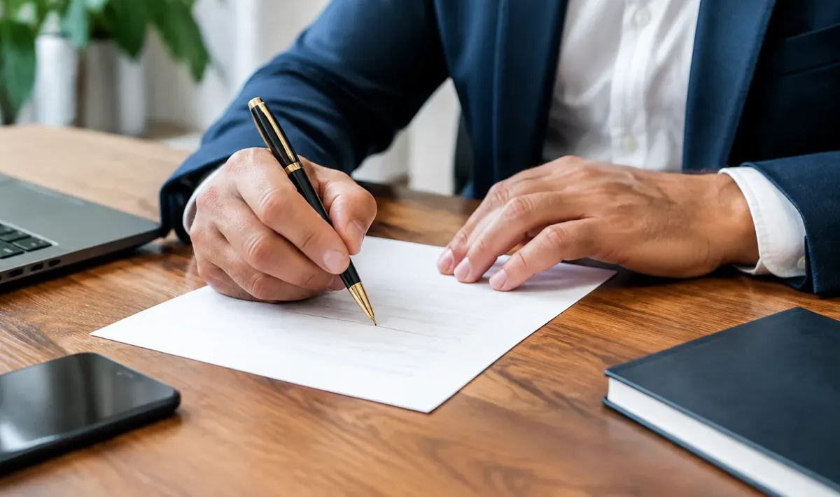 Mano firma assegno sul tavolo scrivania ufficio