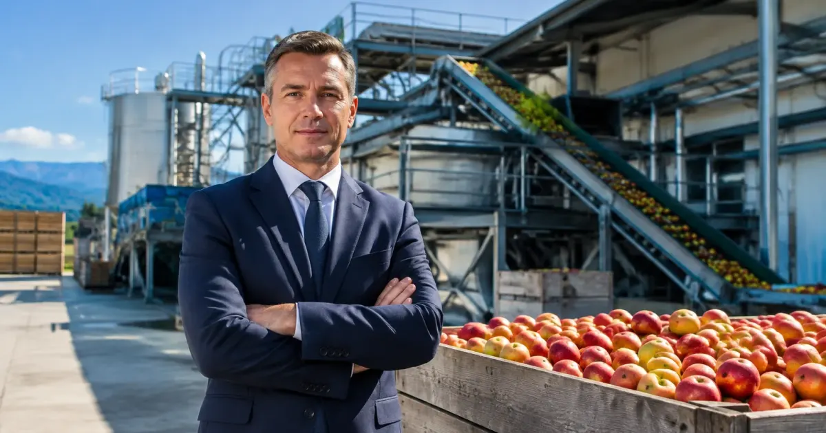 Presidente in piedi davanti stabilimento produzione mele moderne attrezzature