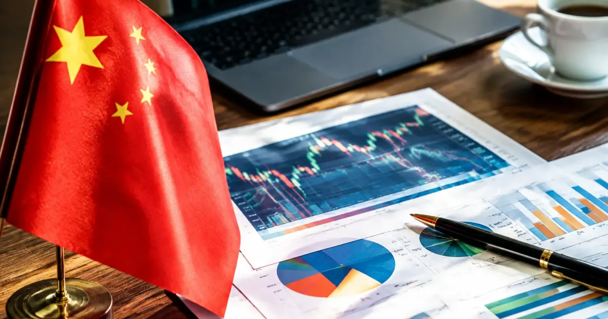 Tavolo con grafici finanziari e bandiera cinese in primo piano