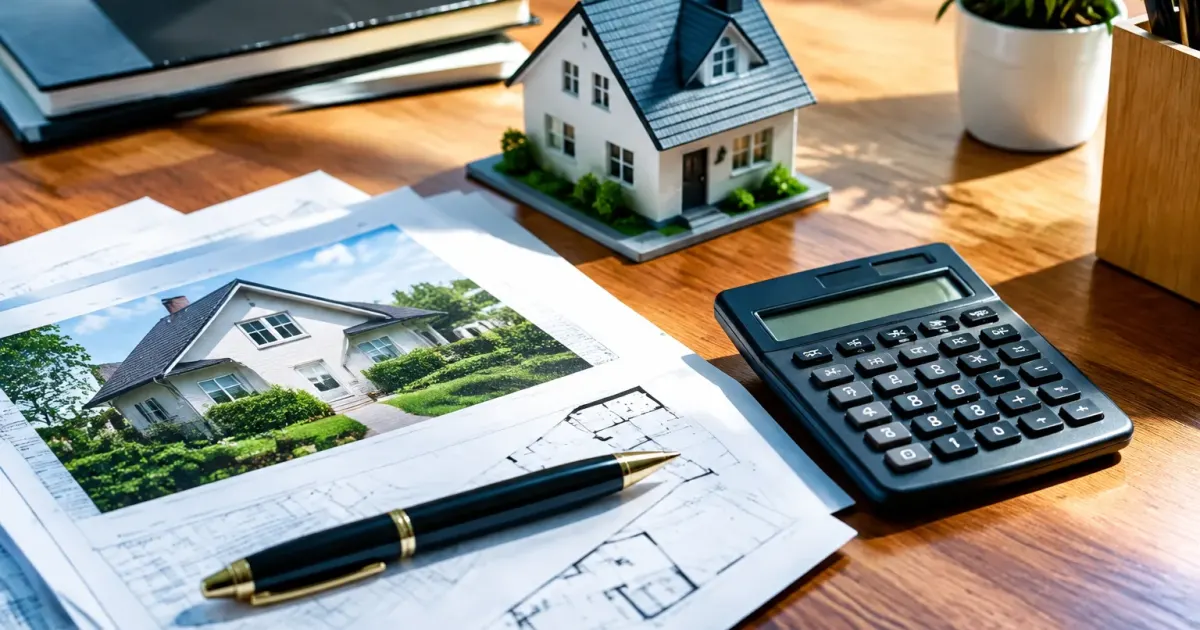 Documenti immobiliari disposti su scrivania con penna e calcolatrice.