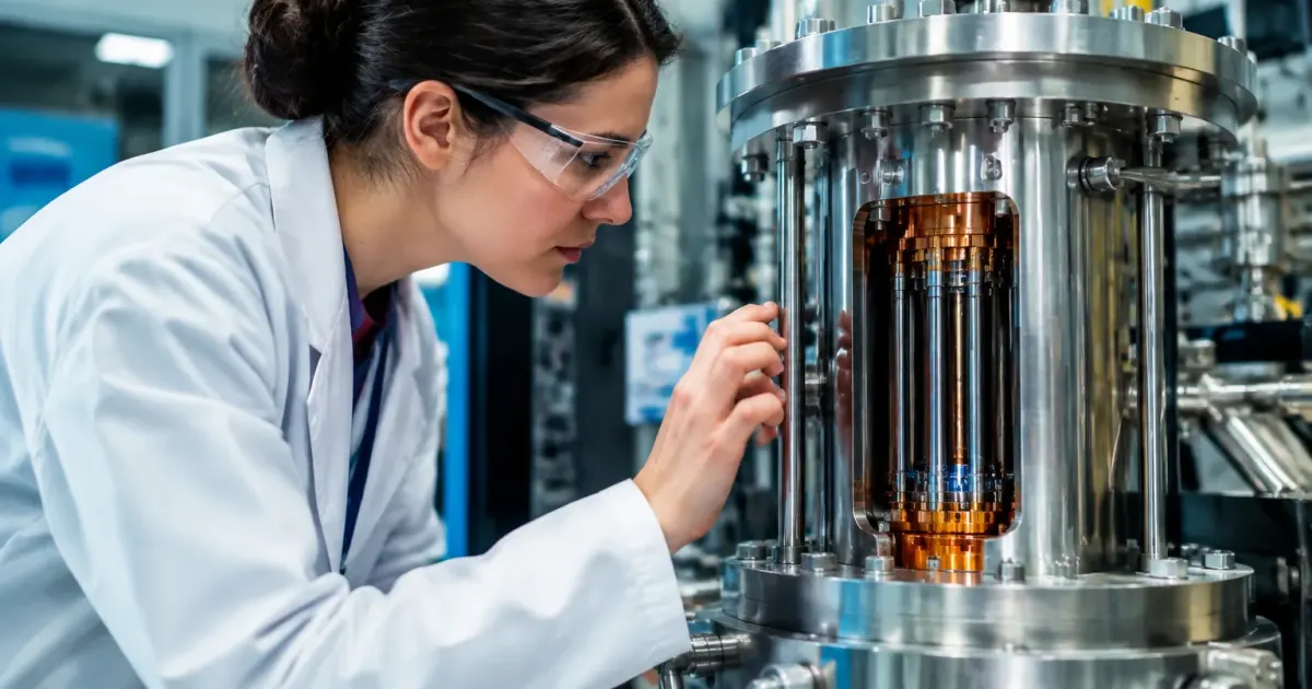 Ingegnere esamina modello compatto reattore nucleare in laboratorio