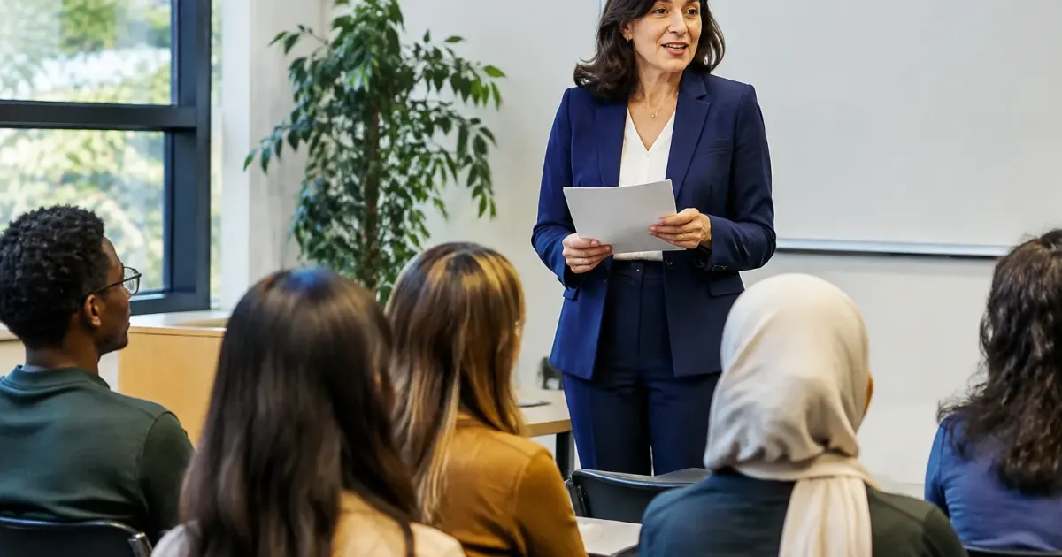 Ministro donna legge in piedi davanti a studenti diverse nazionalità seduti