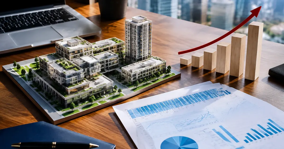 Modelli architettonici con grafici crescenti e carte di investimento