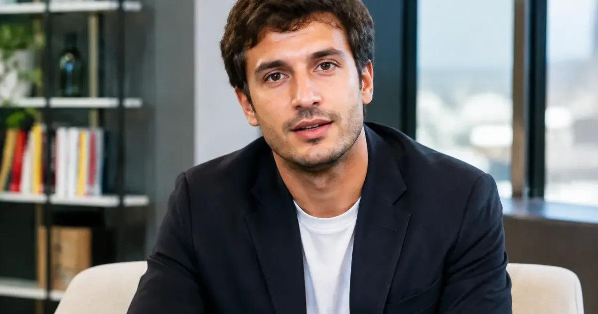 Uomo seduto di fronte rivolto verso la telecamera durante intervista