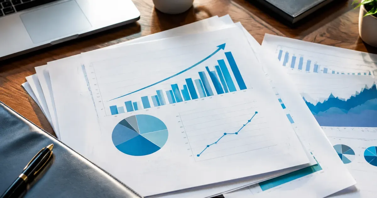 Documenti ufficiali disposti su scrivania con grafici di crescita economica