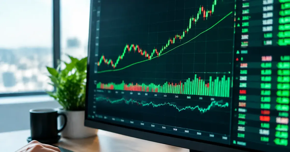 Schermo finanziario mostra indici di borsa in rialzo con numeri verdi