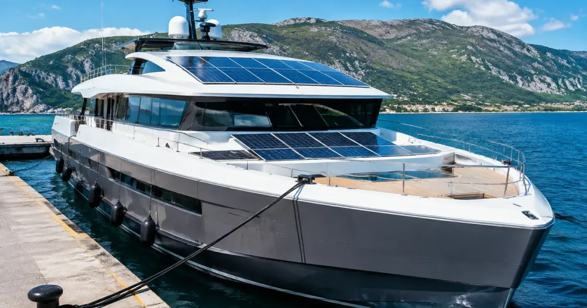 Nave moderna ancorata al porto con pannelli solari visibili