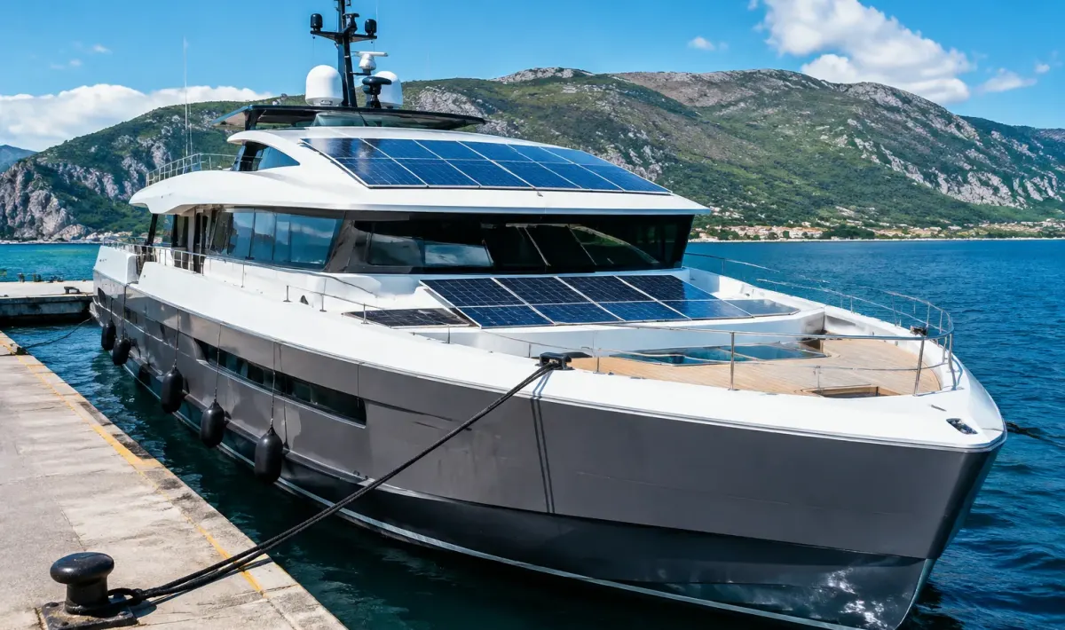 Nave moderna ancorata al porto con pannelli solari visibili