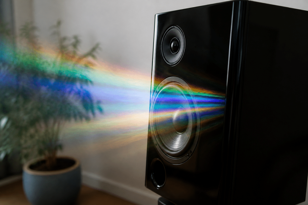 Onde sonore colorate emergono da altoparlante nero brillante