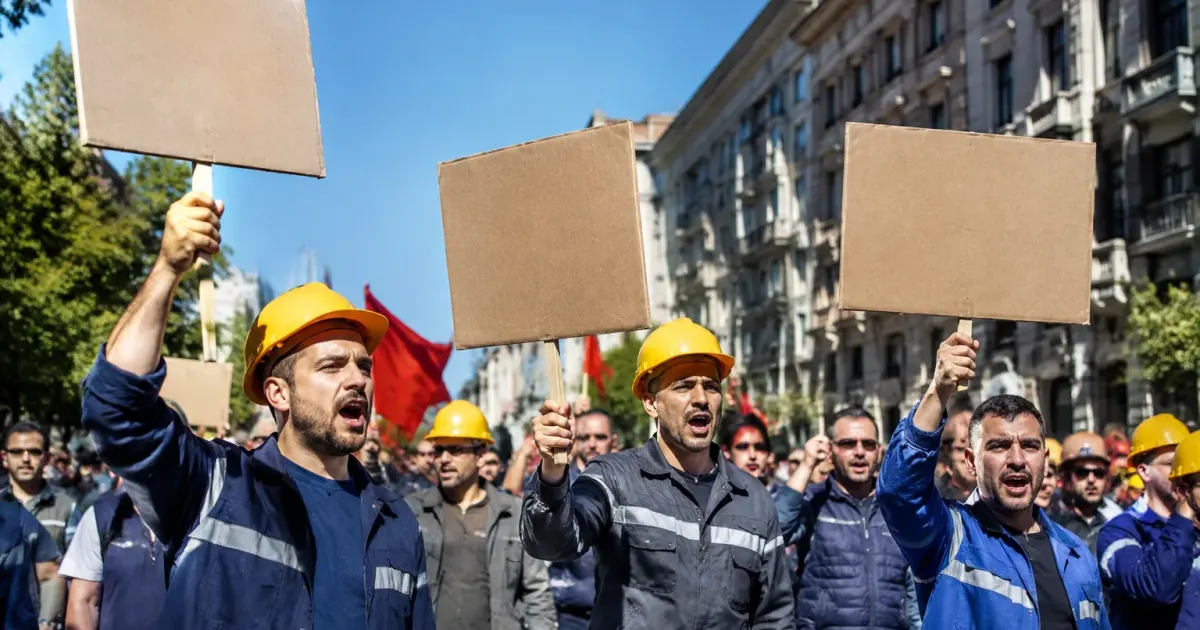 Operai riuniti in strada brandiscono cartelli per stipendi