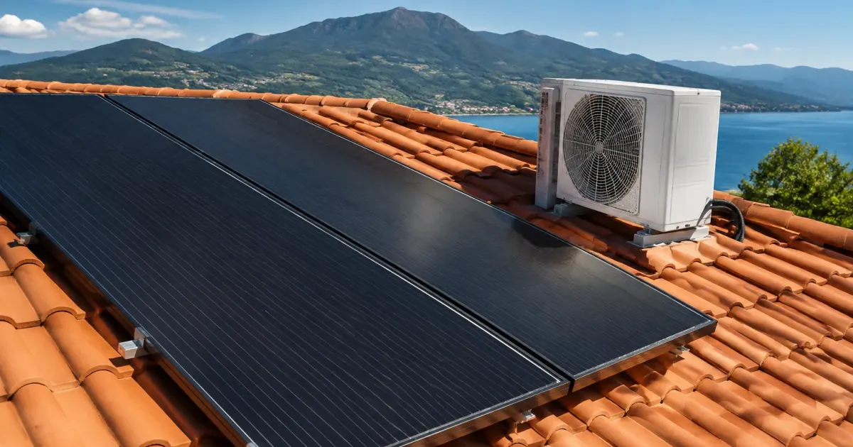 Pannelli solari neri inclinati su tetto accanto unita climatizzazione