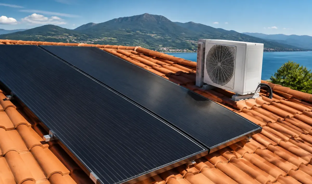 Pannelli solari neri inclinati su tetto accanto unita climatizzazione