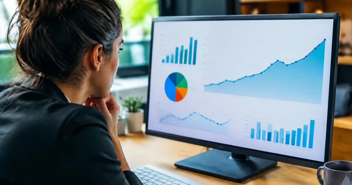 Persona davanti a schermo con grafici e curve ascendenti