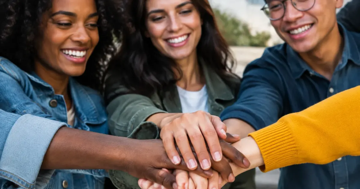 Tre persone di diversa etnia stringono mani insieme