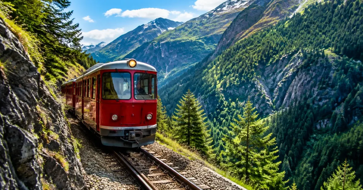 Piccolo treno in movimento su binari stretti tra montagne