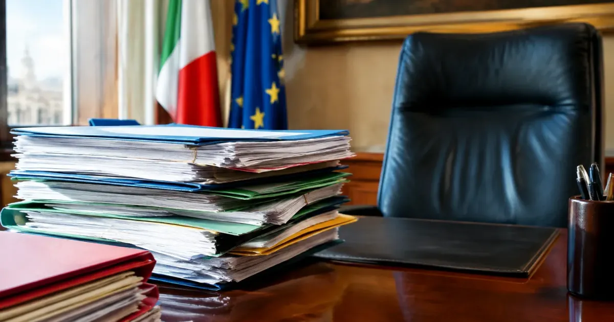 Pile di documenti finanziari accatastati su scrivania ministeriale