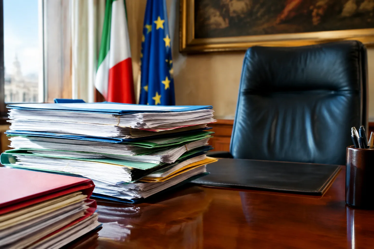 Pile di documenti finanziari accatastati su scrivania ministeriale