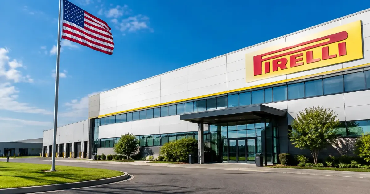 Capannone industriale Pirelli con bandiera americana davanti all'ingresso principale