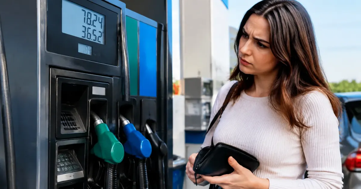 Pompa benzina con prezzi elevati visualizzati su display digitale