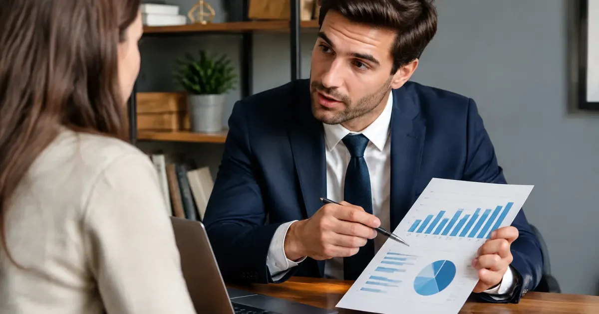 Professionista in giacca spiega schema economico a persona seduta