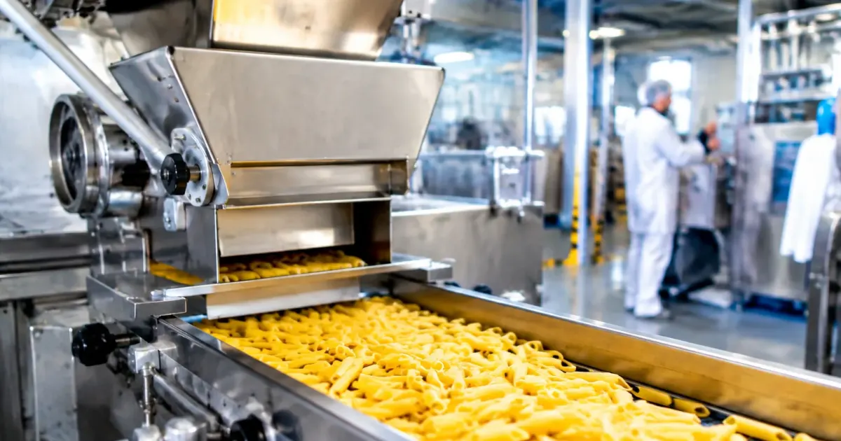 Stabilimento industriale con macchinari di produzione alimentare in primo piano