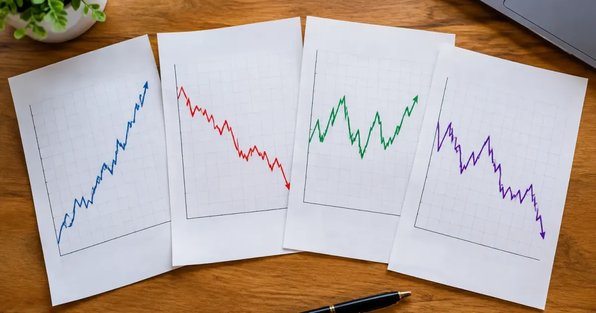 Quattro fogli grafici con linee ascendenti discendenti laterali