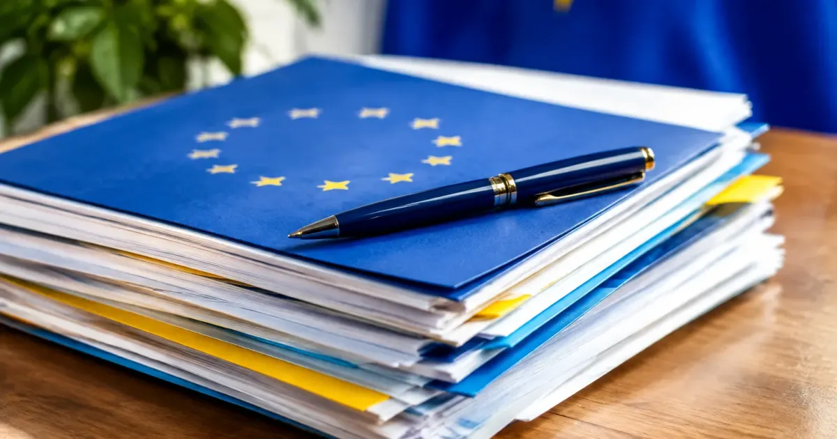 Documenti normativi europei impilati su scrivania con penna posizionata sopra
