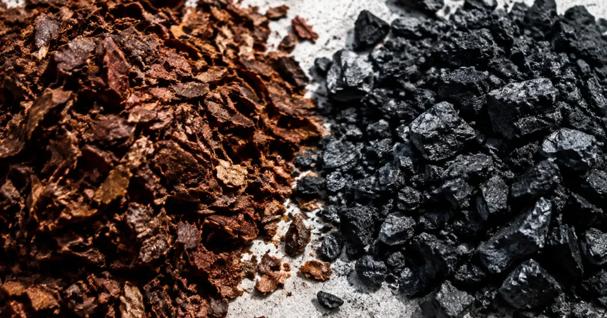 Residui marroni caffe posti accanto carbone scuro granulare