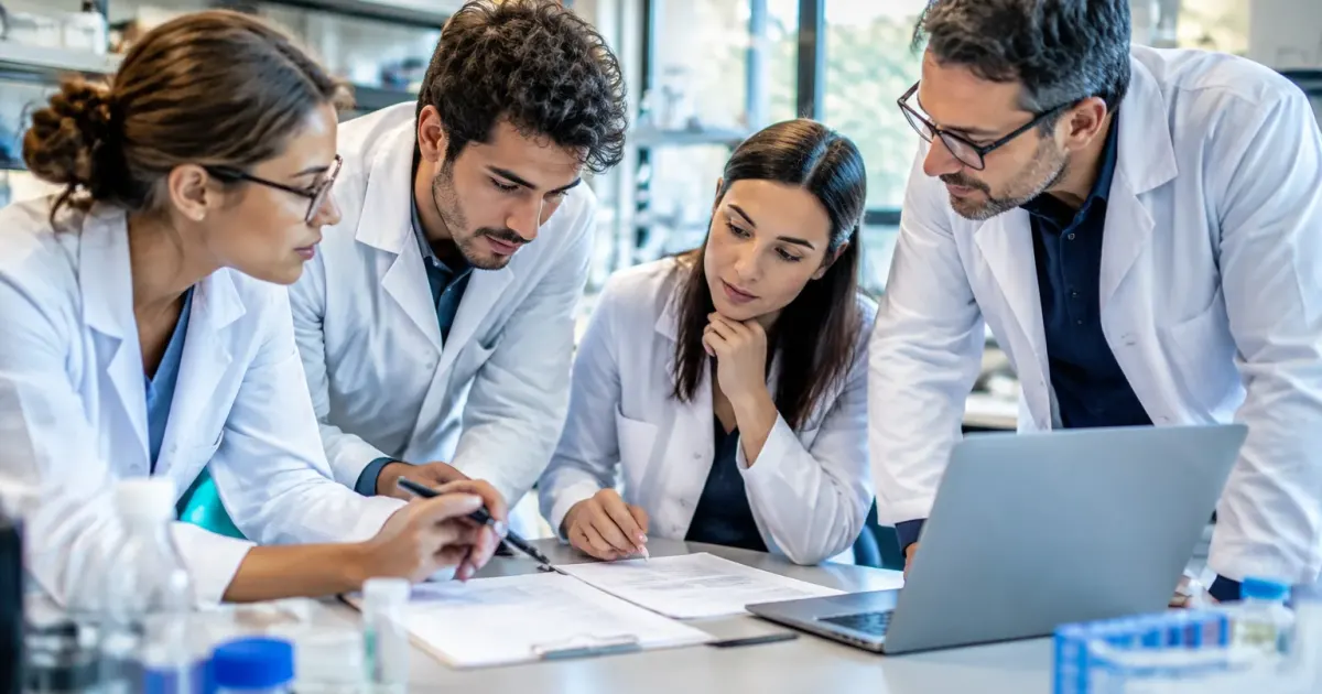 Ricercatori universitari riuniti attorno tavolo laboratorio con documenti