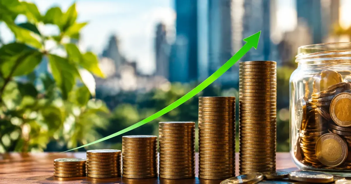 Grafico in crescita con colonne ascendenti e simboli finanziari visibili