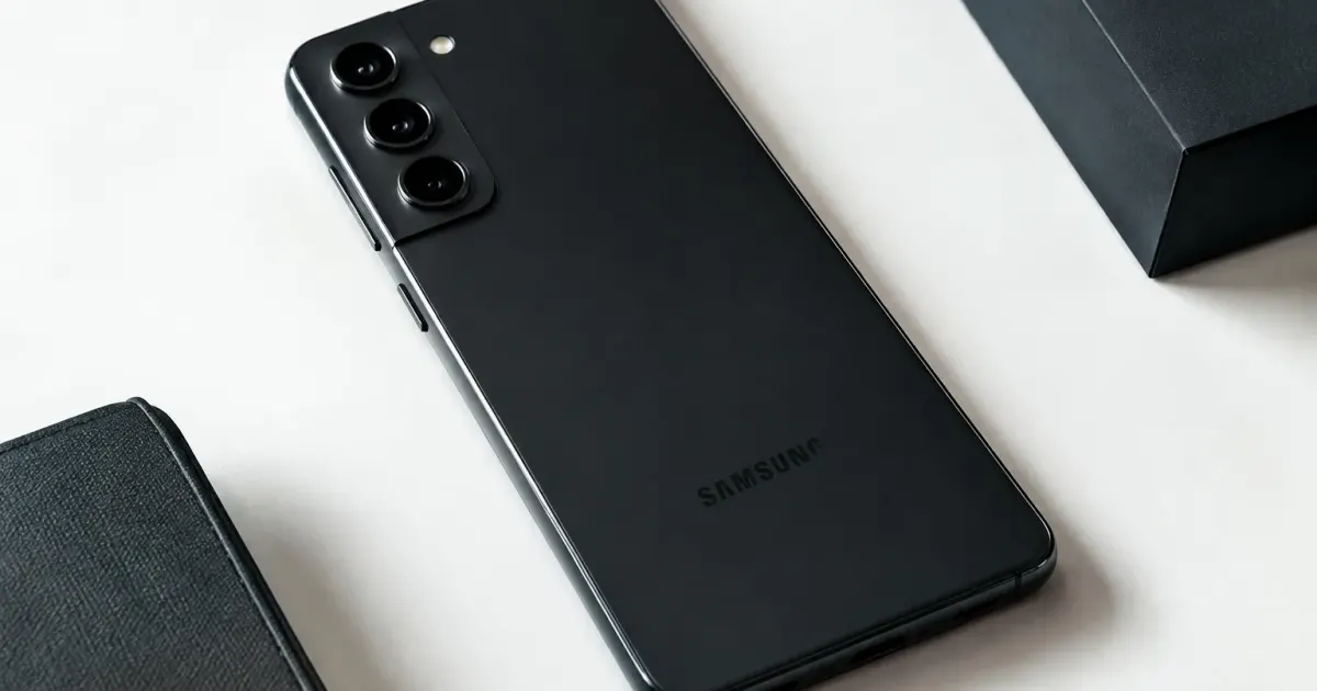 Smartphone Samsung nero in primo piano su superficie bianca
